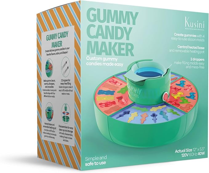 Kusini Gummy Candy Making Kit for Kids & Adults - 4 Mold Shapes, Heating Base – Gummy Bear, Candy Lab Machine Maker – Unique Fun Gifts for Kids Ages 6+ Years Old Girl & Boys, DIY Science Crafts Kits