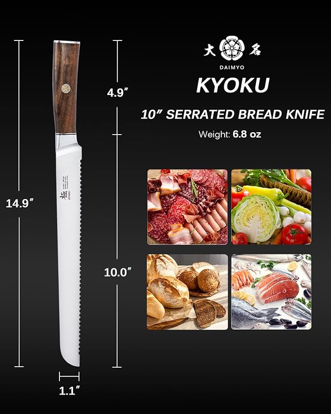 KYOKU 10 Inch Bread Knife - Daimyo Series - Serrated Knife with Ergonomic Rosewood Handle, and Mosaic Pin - Japanese Style 440C Stainless Steel Bread Cutter with Sheath and Case
