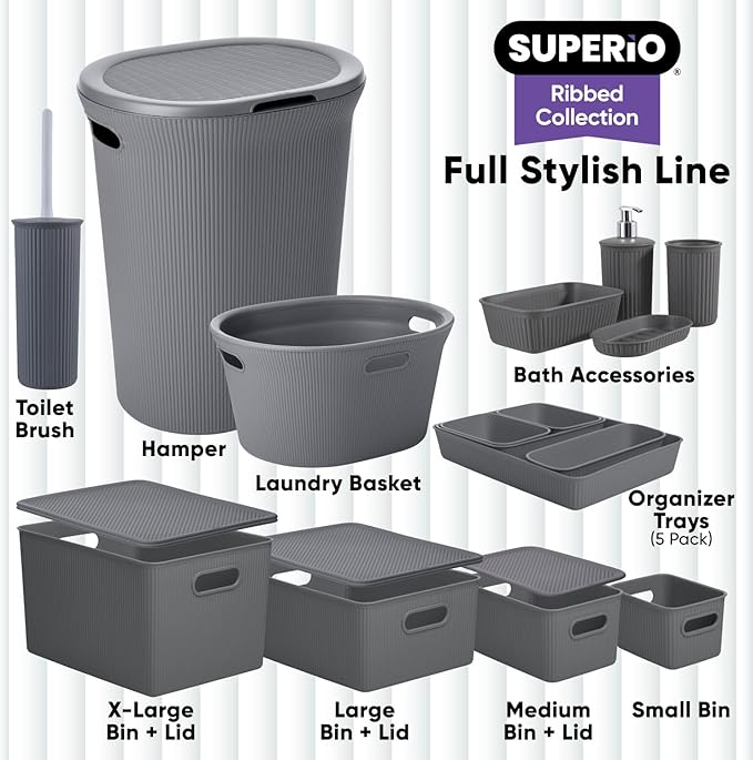 Superio Ribbed Collection - Decorative Plastic Toilet Bowl Brush and Holder Set, Grey (1 Pack) Cleaner Scrubber for Bathroom