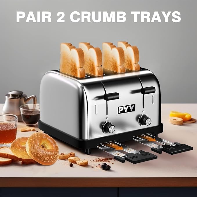 PYY Commercial Toaster 4 Slices - 225 Slices/Hour Stainless Steel Silver Bread Toaster, 1800W with 6 Speed Level, Dual Controls and Removable Crumb Tray, for Family and Commercial