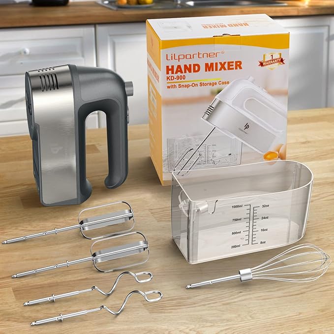 Hand Mixer Electric, 450W Kitchen Mixers with Scale Cup Storage Case, Turbo Boost/Self-Control Speed + 5 Speed + Eject Button + 5 Stainless Steel Accessories, For Easy Whipping Dough, Cream, Gray