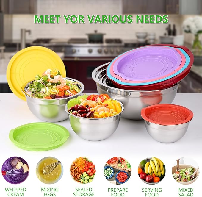 Leidawn Mixing Bowls with Lids for Kitchen - 25 PCS Stainless Steel Nesting Colorful Mixing Bowls Set for Baking,Mixing,Serving & Prepping,Size 5, 3.7, 2.8, 2.3, 1.7, 1.1, 0.7QT,11 Cooking Utensils