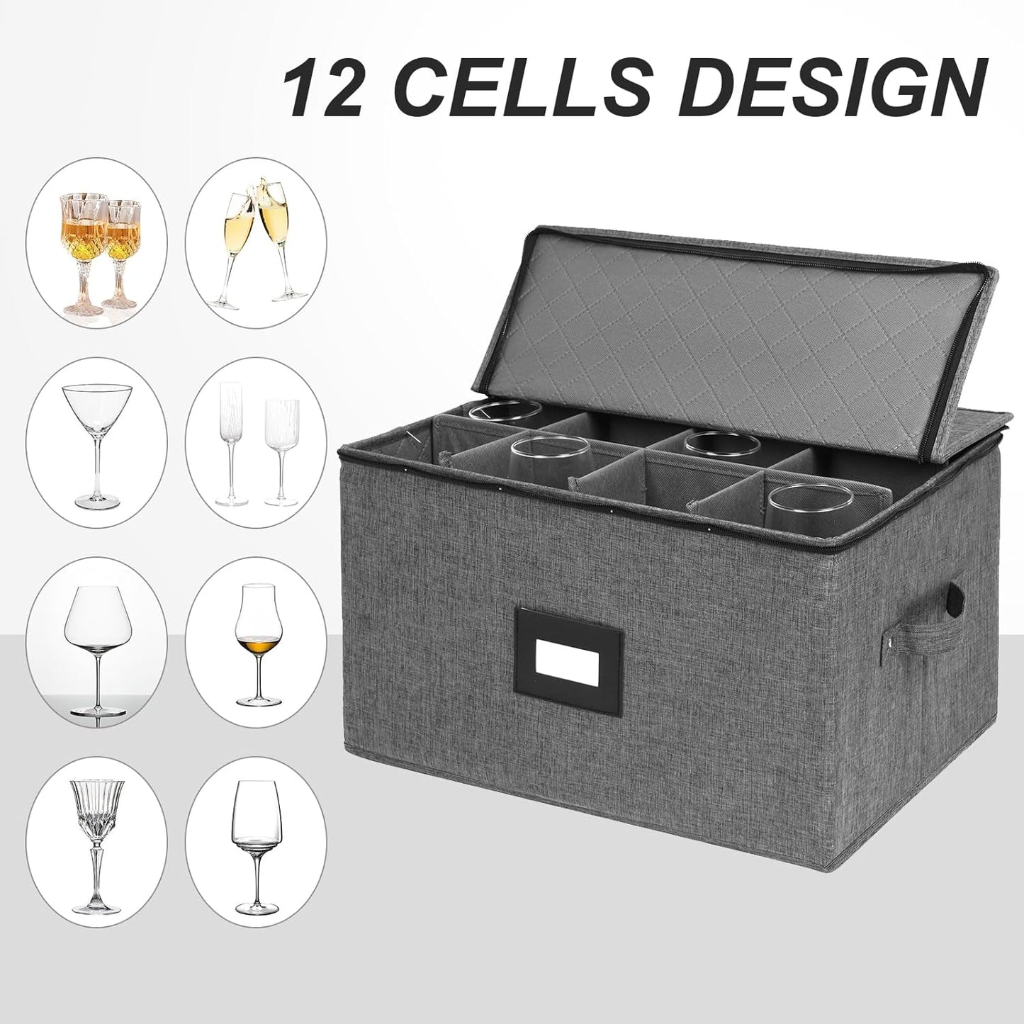 Stemware Storage Containers, Wine Glass Storage Box with Dividers for Glasses, Glassware, Crystal, Wine Glass Packing Boxes for Moving, Hard Shell Top Sides Bottom and Stackable (Black)