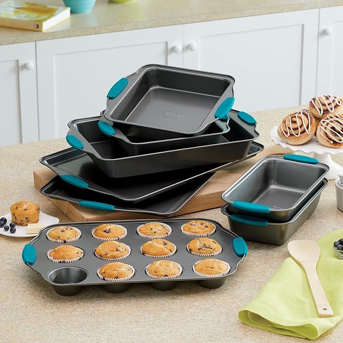 Montgomery Ward Chef Tested 8-Piece Bakeware Set with Silicone Handles - Cookie Sheets, Cupcake Pan, Loaf Pans, Cake Pans, Teal