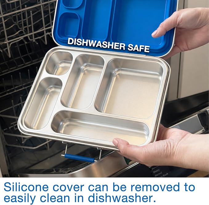 Stainless Steel Bento Box for Adults, 5 Compartment Leak-Resistant Lunch Box, Removable Silicone Seal, Snap Latch Lid, 4 Cup Metal Food Container with Utensil Section, Cerulean Blue