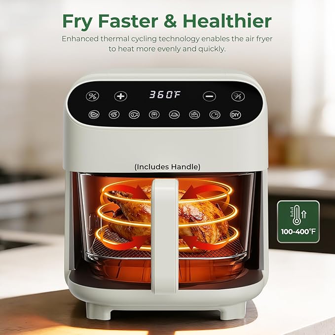 5 Quart Glass Air Fryer, Non Toxic & Uncoated High Borosilicate Glass Basket, Airfryer with Transparent Fry Bowl, 8 Preset Modes, PTFE/PFAS Free, BPA-Free, Dishwasher Safe, White