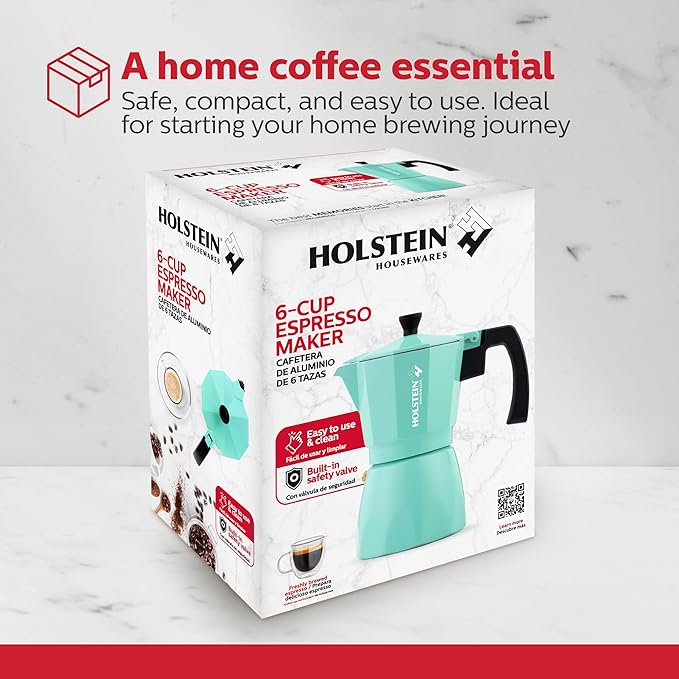 Holstein Housewares - 6 Cup Aluminum Stovetop Espresso Maker and Moka Pot - Great Tasting Traditional Espresso Coffee, Italian and Cuban Café Brewing in Minutes, Mint