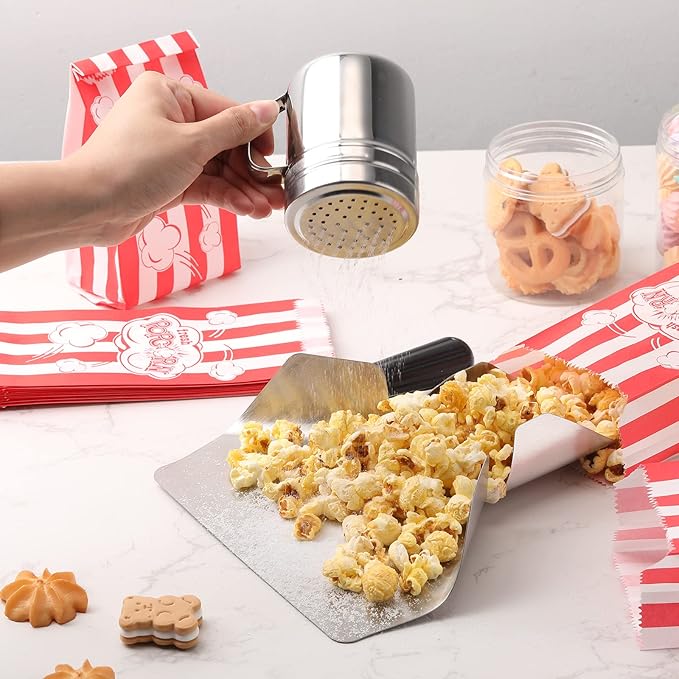 Potchen 502 Pieces Popcorn Machine Supplies Set Includes 500 Pcs 1oz Red and White Popcorn Bags Bundle Scoop and Stainless Steel Seasoning Dredge Salt Shaker for Party Movie Night Theater(Burst)