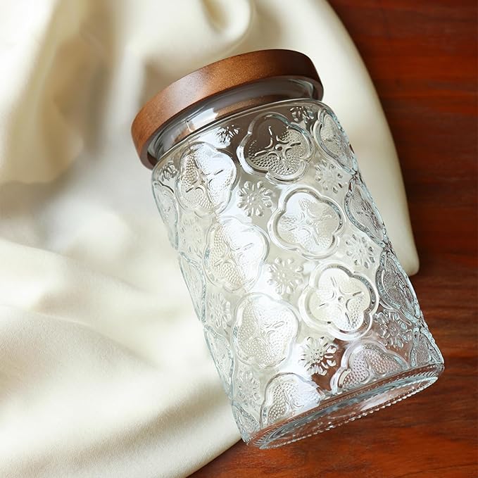 Adodeen 32oz Vintage Glass Jars With Lids, Airtight Food Storage Containers, Kitchen Canisters For Sugar, Coffee, Tea, Spice, Flour, Candy Cookie, Pasta, Cereal, Cute Decorative Jars