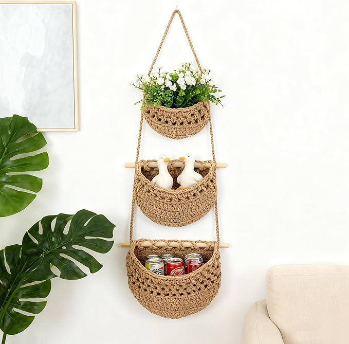 Hanging Fruit Basket, 3 Tier Cotton Woven Wall Basket, Detachable Wall Hanging Baskets for Kitchen Bathroom Storage, Plants Holder, Vegetable Onion Organizing, Boho Decor Aesthetic