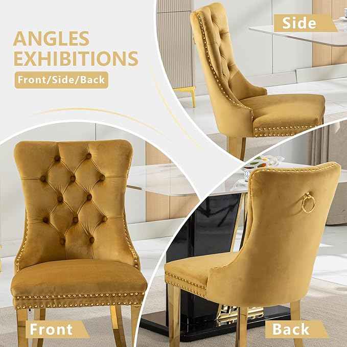 Gold Velvet Dining Chairs Set of 4, Kitchen & Dining Room Chairs, Tufted Upholstered Dining Room Chair, Back Ring Pull Trim, Golden Stainless Steel Legs, Gold