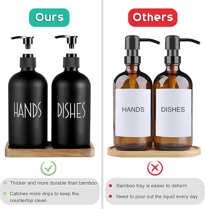 ALELION Black Dish Soap Dispenser Set for Kitchen - 16 OZ Hand Soap Dispenser with Pump and Acacia Wood Tray - for Black Kitchen Decor and Accessories