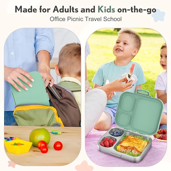 Howeemo Stainless Steel Bento Box Kids, Leak Proof Metal Bento Lunch Box,3 Compartments 304 Stainless Steel Bento Lunch Containers for School and Office, BPA-Free(Green)