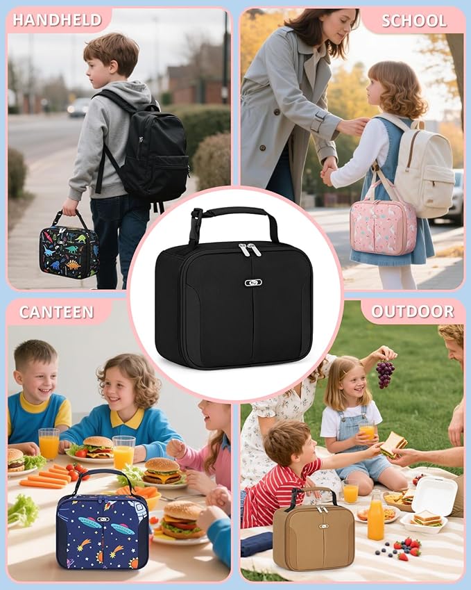 Capolo Insulated Lunch Box for Kids, Cute Thermal Lunch Bag for School, Reusable Lunch Tote for Boys and Girls, Durable Cooler Bag with Easy Grab Handle, Lightweight and Easy to Clean Meal Bag, black
