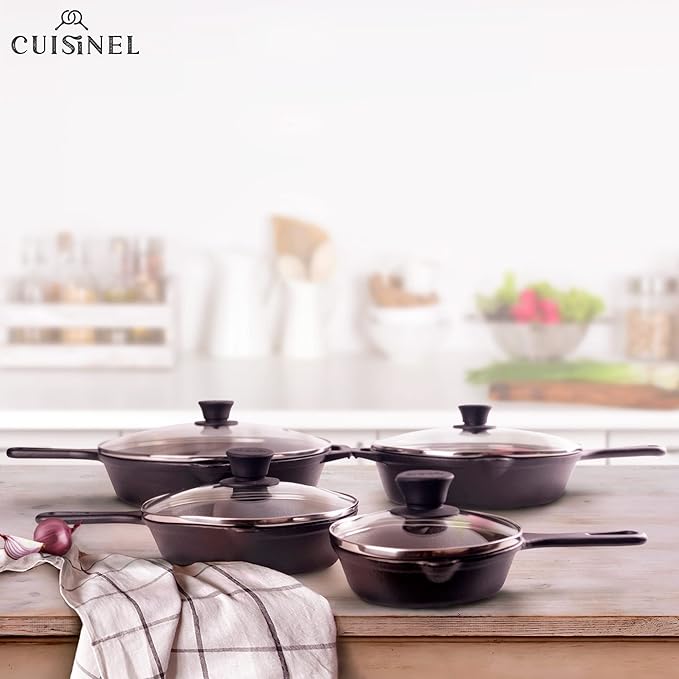 Cuisinel 6"+8"+10+12"-Inch Cast Iron Skillets Set + Glass Lids + Silicone Handle Grips - Pre-Seasoned Frying Pan - Oven Cookware - Use Indoor/Outdoor, Grill, Stovetop, Fire, Camping, Kitchen