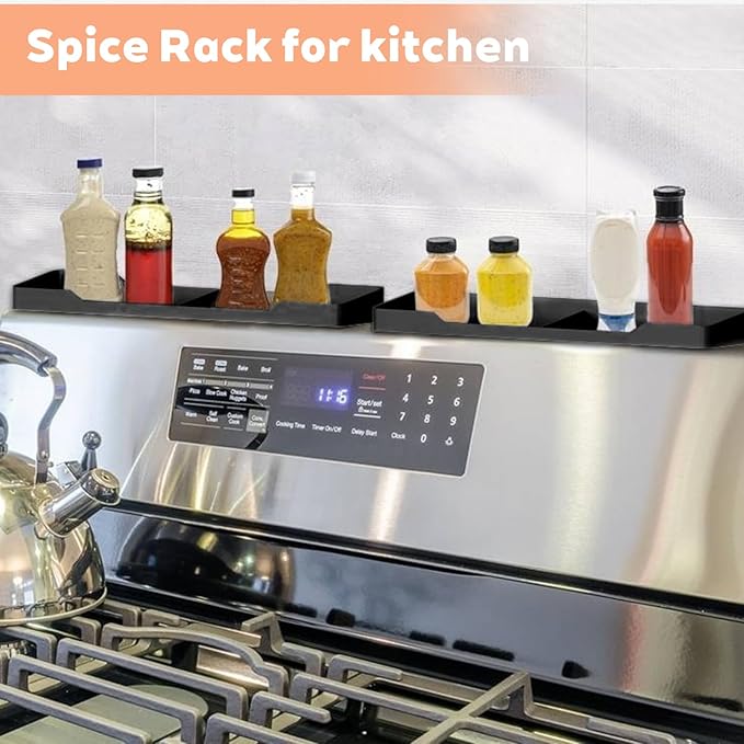 30 Inch Magnetic Silicone Stove Top Shelf, Heat Resistant Spice Rack for Kitchen, Space Saving Organizer with 6 Sticky Pads, Fits Back of Stove(Black 30''x3.8'')
