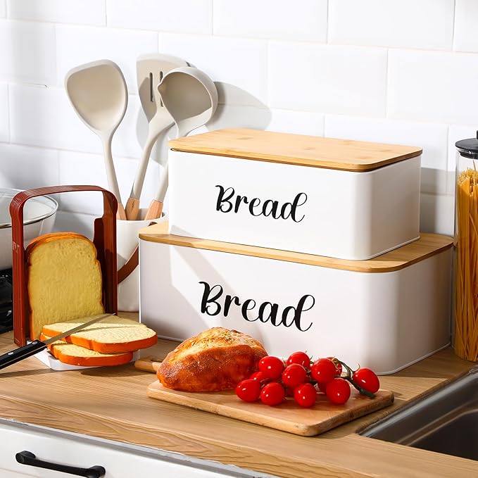 Teenyyou 2 Pcs Extra Large Bread Box with Slicer, Metal Farmhouse Bread Storage Container with Bamboo Cutting Board Lids Multi-size Breadbox Set for Kitchen Countertop (White)