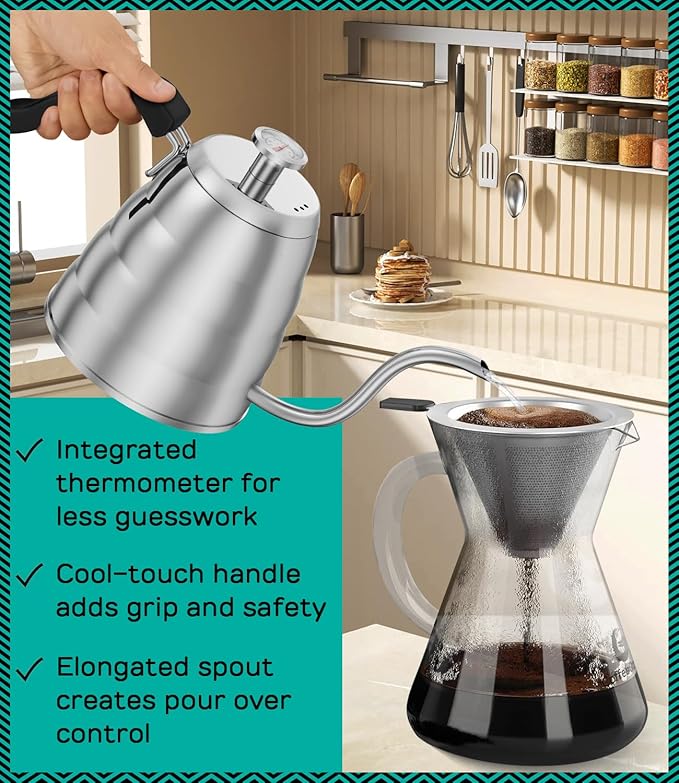 Coffee Gator French Press 34oz Gray and Gooseneck Kettle 40oz Stainless Steel for Pour Over