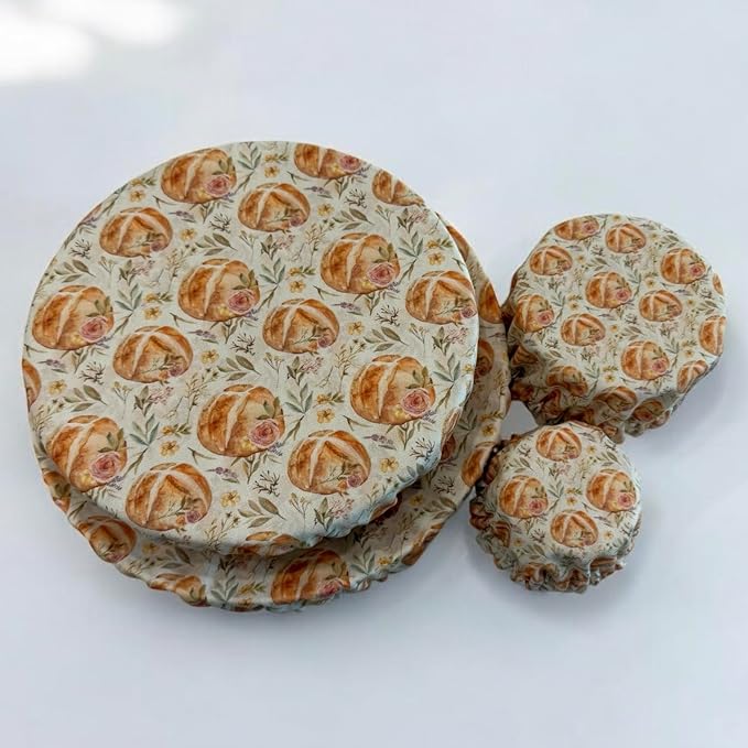 (4-Pack) Sourdough Reuseable Jar & Bowl Covers | Cute Baking Gift | 100% Cotton | Washable | Bread Proofing | Kitchen Food Storage Gifting | Starter Cover Lid Kit (Vintage Sourdough)
