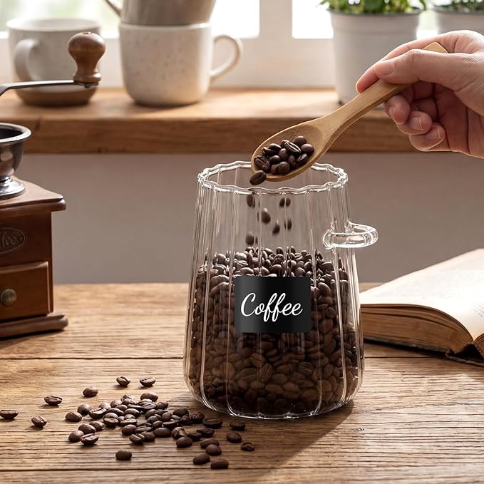 6 Pcs Glass Jar Sugar Container with Bamboo Spoons Lids 24 oz Large Sugar Container Glass Coffee Bowls Canister Coffee Bar Accessories with Labels Preprinted for Salts Tea Spice