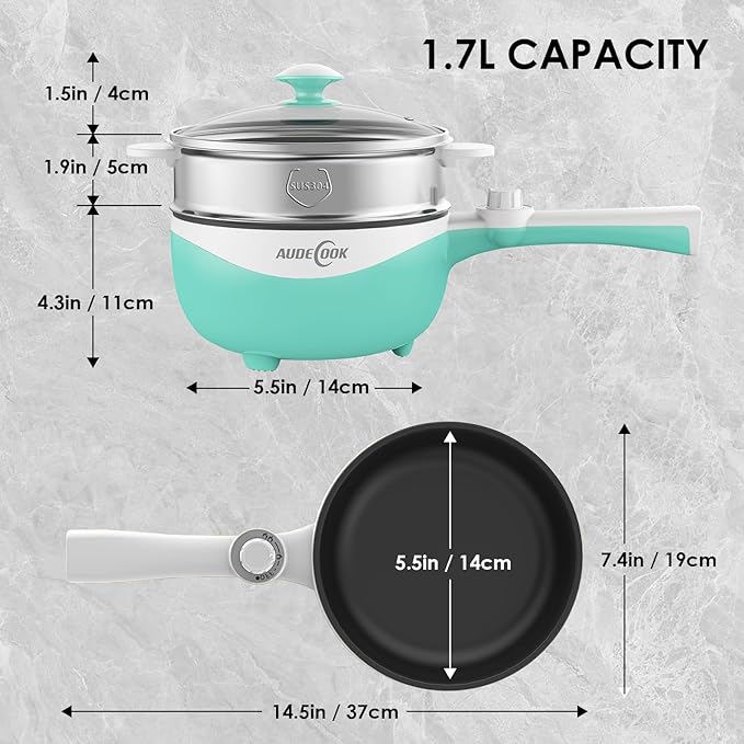 Audecook Hot Pot Electric, 1.7L Mini Electric Skillet Portable Nonstick Sauté Pan with Power Adjustment, Ramen Cooker Travel Multicooker for Steak/Soup/Egg/Oatmeal/Noodles