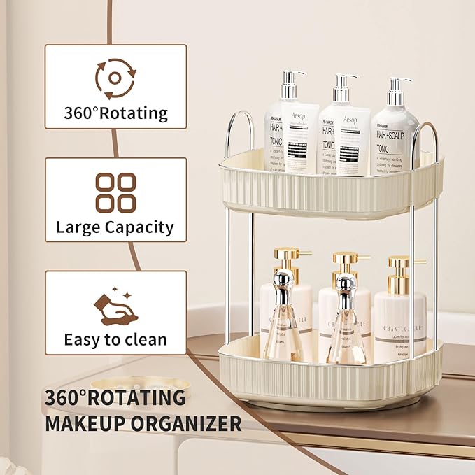 YCIA&DONE Rotating Makeup Organizer and Square Rotating Makeup Organizer White 2 Tier