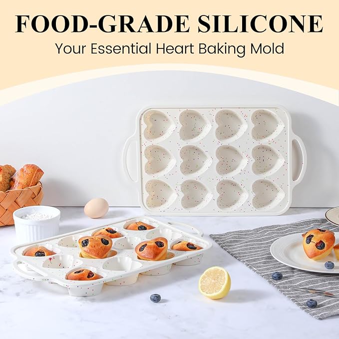 FUNBAKY 2 Pcs Heart Shaped Silicone Muffin Pan,Metal Reinforced Frame, 12-Cavity Nonstick Silicone Heart Mold for Muffins, Cupcakes, Bread,Chocolate Muffin and Tartlets