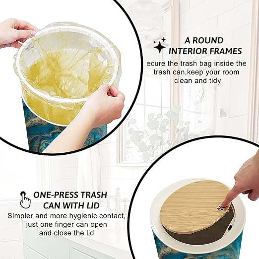 Trash Can with Lid Acrylic Fluid Art Blue turquoise waves gold spots inclusions Abstract Press Top Round Small Garbage Bin with Wooden Legs Waste Basket for Kitchen Bedroom Nursery 7L/1.8 Gallon