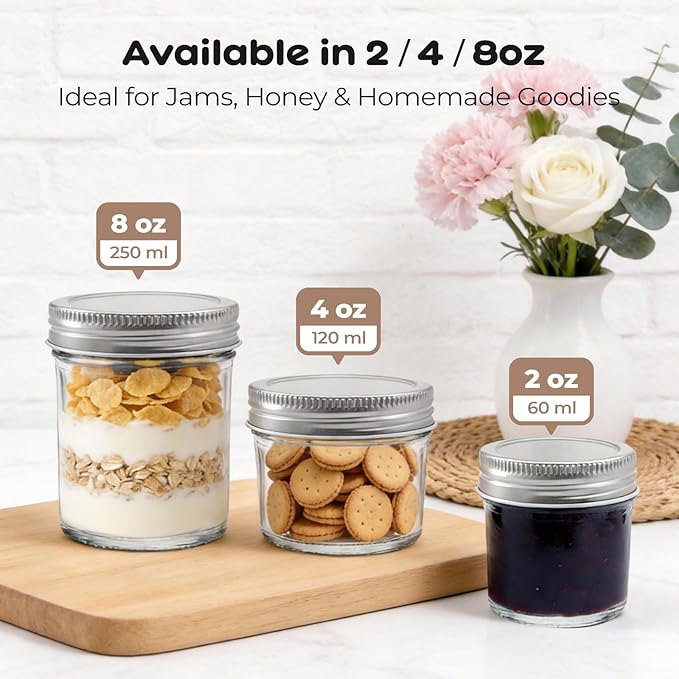 48 Pack 2 oz Small Mason Jars, Mini Glass Jars with Lids for Jam Ginger Shots Honey Spices Wedding Favors, Includes Labels, String & Handmade Tags