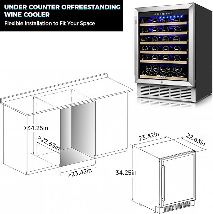 ORYMUSE 24 Inch Wine Fridge, 54 Bottle Wine Cooler Refrigerator with Stainless Steel Glass Door, LED Display, Upgraded Compressor, Built-In or Freestanding for Home Bar Kitchen