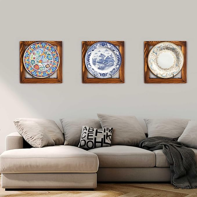 2 Set Plate Hangers, Wall Mounted Wooden Plate Display Holders, Rustic Burnt Solid Wood Frame with Black Metal Hooks for 8 to 11 Inch Plates, Platters & Dishes for Home & Kitchen Decoration