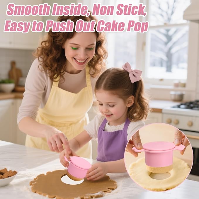 Juome Round Cake Pop Mold with 9 Inch Tray Stand, ABS Cake Pop Cutter and Pusher Set, Circle Cake Pop Maker Kit, Baking Molds for Birthday Parties, Home Baking Desserts