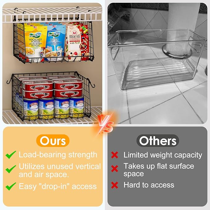 Jsskeeim 3-Pack Under Shelf Hanging Baskets - Space Saving Pantry Shelf Organizer with 360° Rotating Hooks for Kitchen Storage, Foldable Small Space Solutions for Pantry Utility Closet Garage, Black