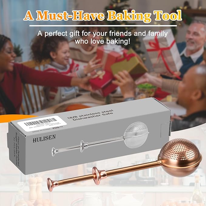 HULISEN Flour Duster for Baking, One-Handed Operation, 304 Stainless Steel Powdered Sugar Shaker Duster, Pick Up and Dust Flour Sifter, Gift Package, Brown