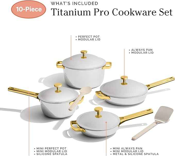 Our Place Titanium Pro Cookware Set | 10-Piece Pots and Pans Set with Always Pan Pro, Perfect Pot Pro & Minis | Non-Toxic No-Coating Nonstick | Induction & Oven-Safe up to 750°F | Gold