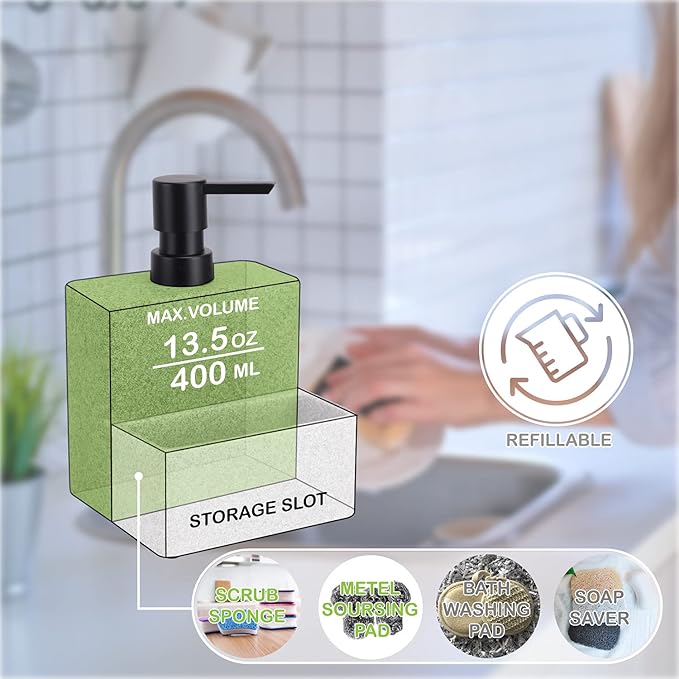 zccz Soap Dispenser with Sponge Holder, Liquid Hand and Dish Soap Dispenser Pump Bottle and Sponge Holder 2 in 1 for Kitchen Sink Bathroom Counter Storage and Organization Black Marble Look