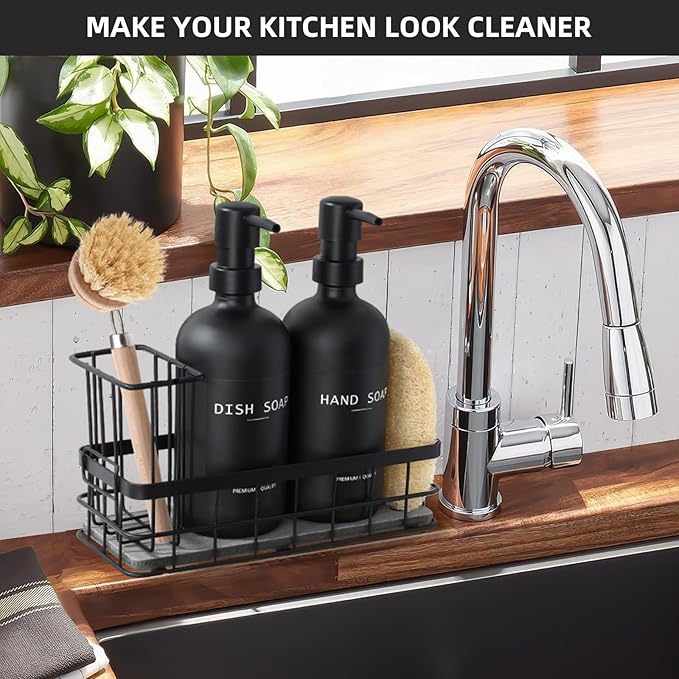 Dish Soap Dispenser for Kitchen, 16.9 fl oz Black Hand and Dish Soap Dispenser Set, Kitchen Soap Dispenser with Sponge Holder, Brush Holder and Loofah Sponge, Countertop Sink Organizer Accessories