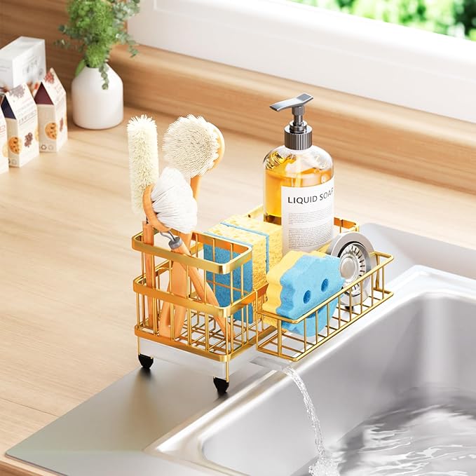 Consuemst Sponge Holder for Kitchen Sink - Auto Draining Sink Caddy Organizer with Detachable Rack, High Brush Holder, Kitchen Countertop Storage Accessories, Gold