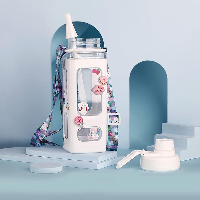 Kawaii Bear Pastel Water Bottle With 3D Sticker 700ml Plastic Travel Tea Juice Milk Portable Cute Shaker Drink Bottle Gift (White)
