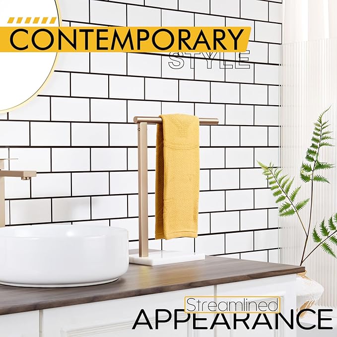 KOKOSIRI Hand Towel Rack Free Stand Towel Holder with Steady Marble Base for Bathroom Vanity Countertop, Champagne Bronze Stainless Steel 15.7'' Height THS0006-CPG