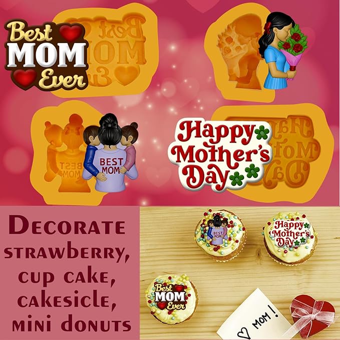 Mother’s Day Silicone Mold Set for Chocolate, Cupcakes & Candles – Best Mom Ever Design, Nonstick Silicone Baking Mold for Repostería, DIY Crafts, Resin & Fondant Mold Set