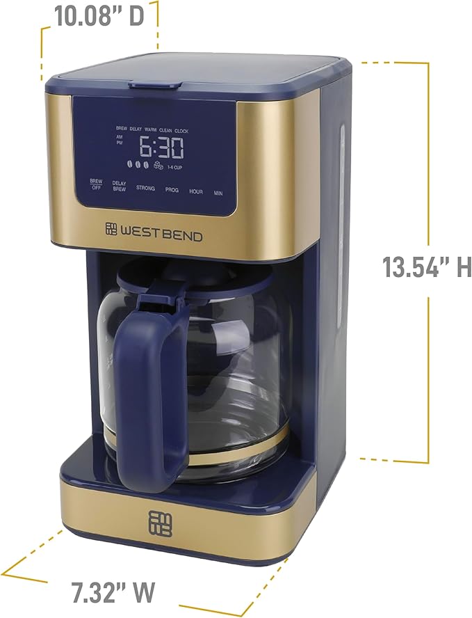 West Bend Timeless 12-Cup Programmable Coffee Maker with Brew Strength Selector for Hot and Iced Coffee, Includes 1-4 Cup Brew Option and Permanent Filter