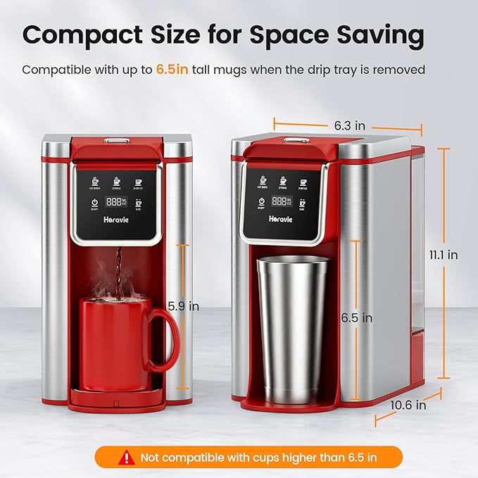 Horavie Single Serve Coffee Maker for K-Cup Pod and Grounds, Hot & Iced Coffee Maker, Strong Button Feature, 6 to 14oz Brew Sizes, 50oz Removable Reservoir, Fit 6.5" Mugs, Stainless Steel, Red