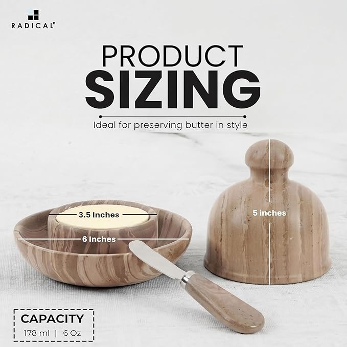 Radicaln Marble Butter Dish With Lid 6" Inches Natural Brown Handmade Butter Storage Container, Ideal Butter Dish and Butter Crock For Counter With Water