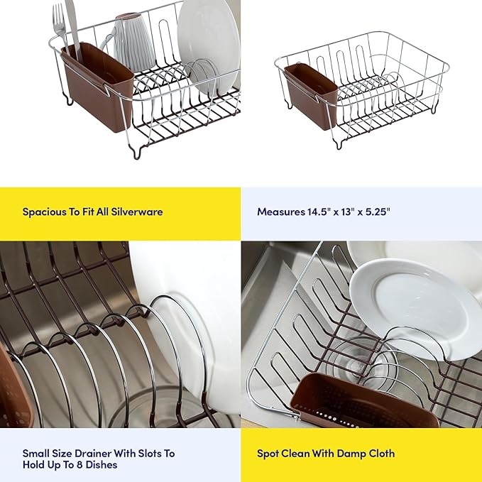 Dish Drying Rack & Cutlery Holder 2 Piece Set - Compact Sink-Fitting Dish Drainer with Rubberized Undercoating, Space-Saving Kitchen Organizer for Plates, Cups, Bowls & Utensils in Sink, Bronze Brown