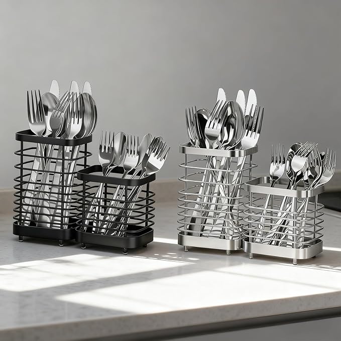 Utensil Holder, Stainless Steel Utensil Drying Rack for Kitchen Counter, Silverware Cutlery Flatware Holder Forks, Knives, Spoons, Chopsticks Organizer (Silver)