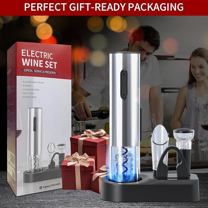 5-in-1 Electric Wine Opener Set Automatic Wine Opener Battery Operated Wine Bottle Opener with Wine Stopper, Wine Pour, Foil Cutter, Storage Base, Gift For Wine Lovers(Stainless Steel )