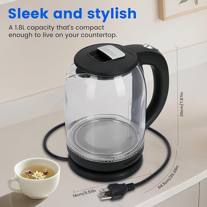 Household Electric Kettle, All 304 Stainless steel and No Plastic Contact, Automatic Shut-off,Borosilicate glass Visual Boiling, 2.0L Water Boiler & Tea Kettle Perfect For Tea & Coffee (Black)