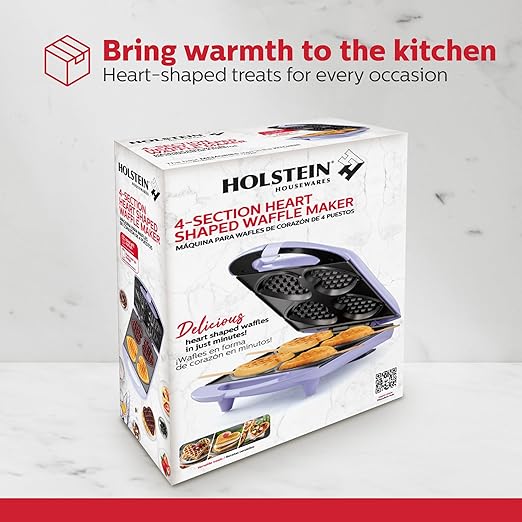 Holstein Housewares - Non-Stick Heart Waffle Maker, 120 Volts, Lavender - Makes 4 Heart-Shaped Waffles in Minutes
