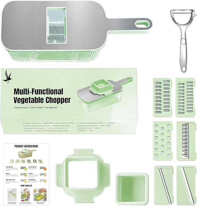 Multifunctional Mandoline food Slicer & Vegetable Chopper with Container β 6-in-1, mandolin, Cutter, Grater, Potato Slicer, Tomato Cutter, Cabbage Shredder & Fruit/Veggie Shredder -Safe & Easy to Use